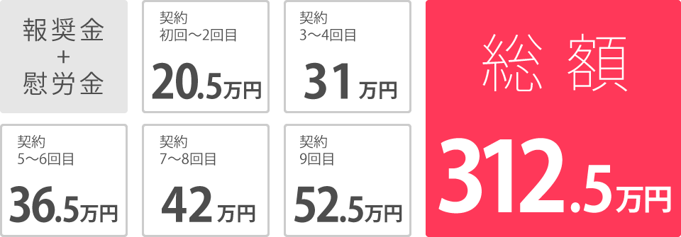 【満了金】契約 初回〜2回目20万円　契約 3〜4回目30万円　契約 5〜6回目35万円　契約 7〜8回目40万円　契約 9回目50万円　総額300万円